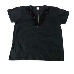 Black Short-Sleeve Hummingbird Top W/ Floral Lace & Rhinestone Zipper Accent Siz